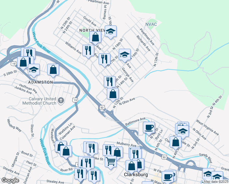 map of restaurants, bars, coffee shops, grocery stores, and more near 1015 N 14th St in Clarksburg