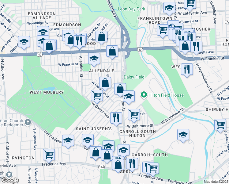 map of restaurants, bars, coffee shops, grocery stores, and more near 224 North Culver Street in Baltimore