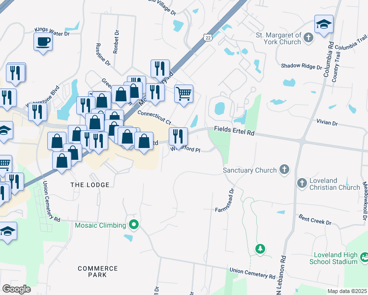 map of restaurants, bars, coffee shops, grocery stores, and more near 9630 Waterford Place in Loveland