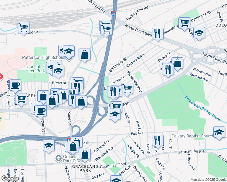 map of restaurants, bars, coffee shops, grocery stores, and more near 6819 Conley Street in Baltimore