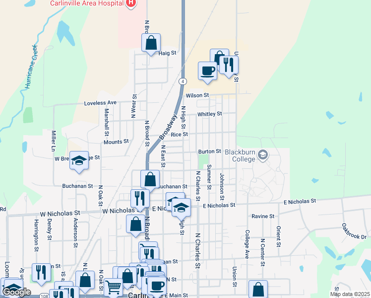 map of restaurants, bars, coffee shops, grocery stores, and more near 907 North High Street in Carlinville