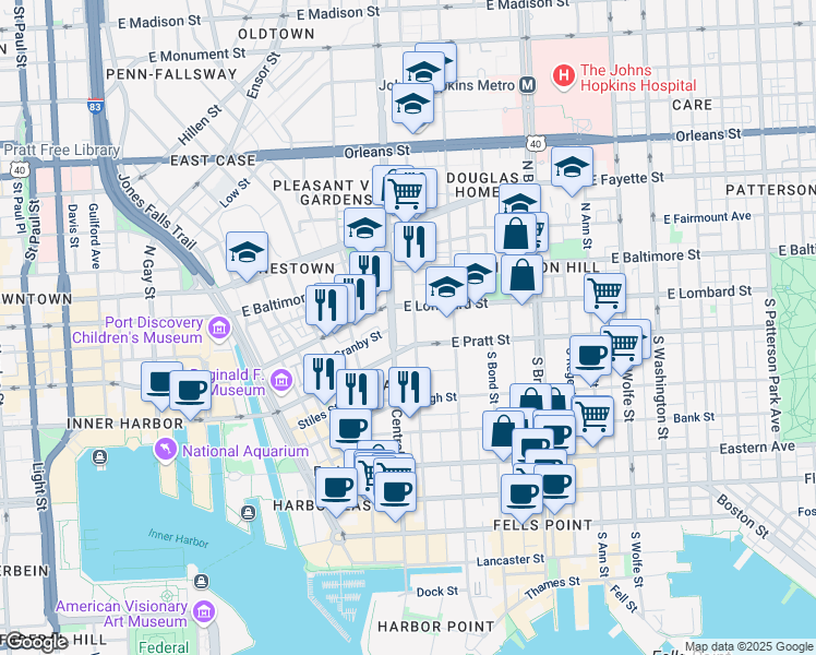map of restaurants, bars, coffee shops, grocery stores, and more near 120 South Eden Street in Baltimore