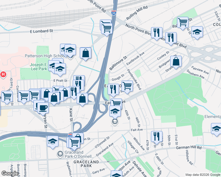 map of restaurants, bars, coffee shops, grocery stores, and more near 6801 Conley Street in Baltimore