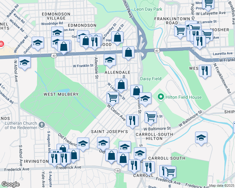 map of restaurants, bars, coffee shops, grocery stores, and more near 151 Denison Street in Baltimore