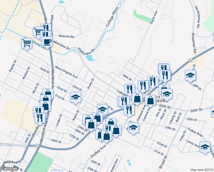 map of restaurants, bars, coffee shops, grocery stores, and more near 1053 West Virginia Avenue in Parkersburg
