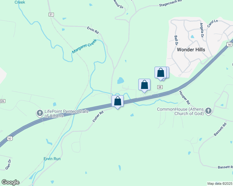 map of restaurants, bars, coffee shops, grocery stores, and more near 6301 Ervin Road in Athens
