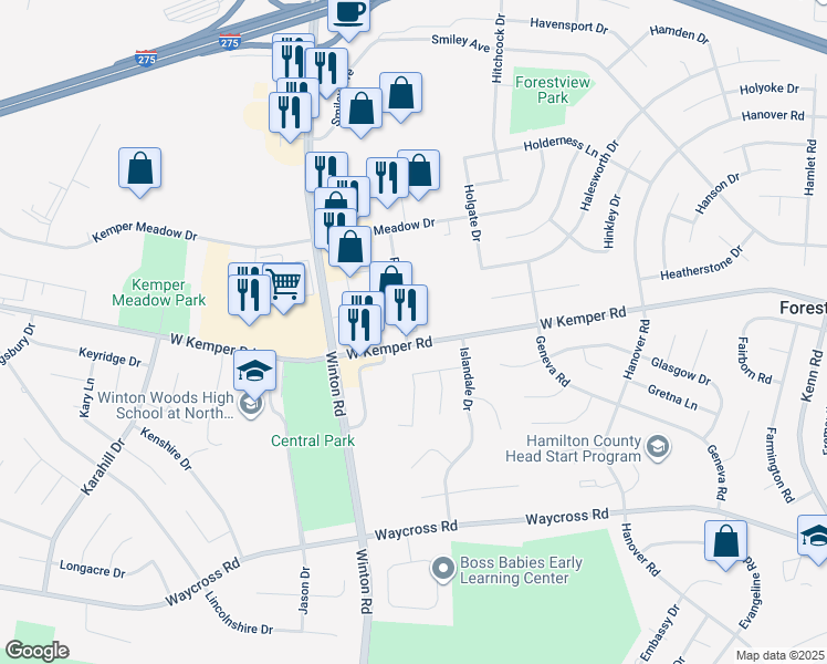 map of restaurants, bars, coffee shops, grocery stores, and more near 1095 Parkridge Court in Cincinnati