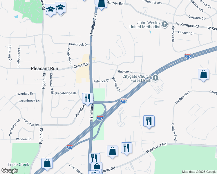 map of restaurants, bars, coffee shops, grocery stores, and more near 11455 Ramondi Place in Cincinnati