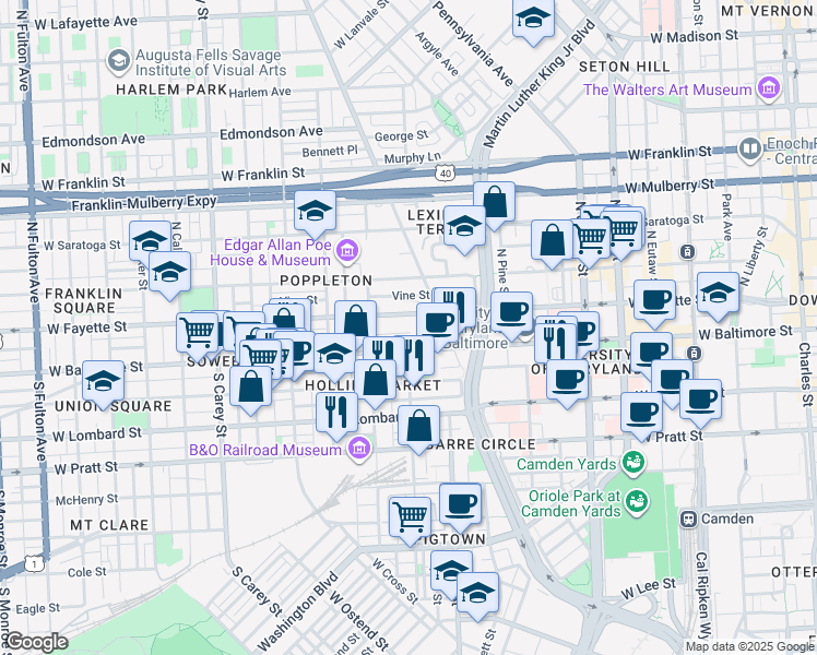 map of restaurants, bars, coffee shops, grocery stores, and more near 838 West Fairmount Avenue in Baltimore