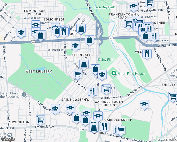 map of restaurants, bars, coffee shops, grocery stores, and more near 227 North Monastery Avenue in Baltimore