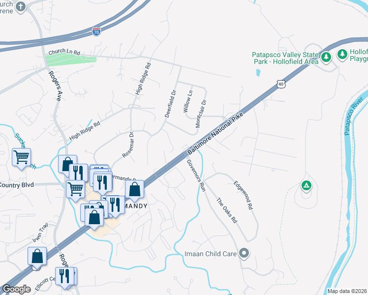 map of restaurants, bars, coffee shops, grocery stores, and more near 8300 Baltimore National Pike in Ellicott City