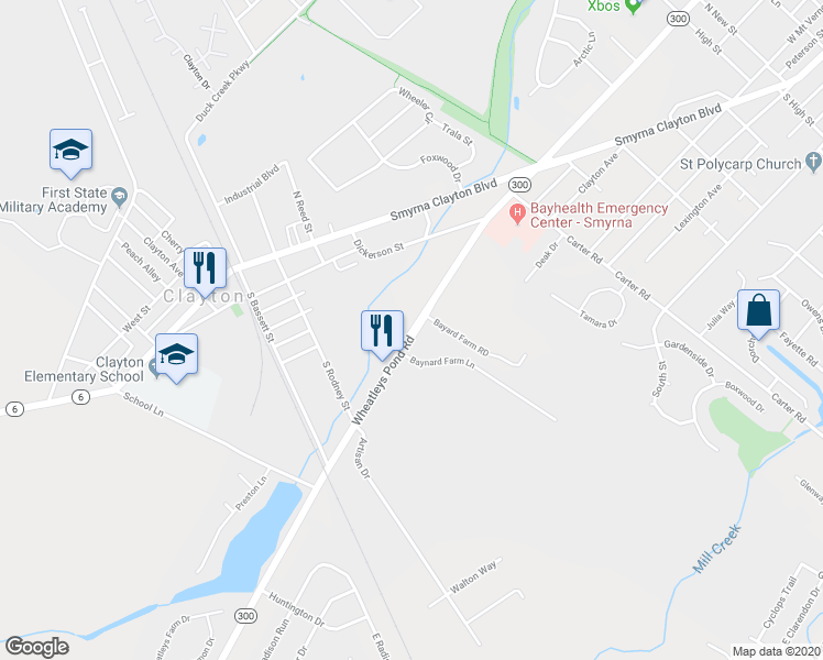map of restaurants, bars, coffee shops, grocery stores, and more near 4877 Wheatleys Pond Road in Smyrna