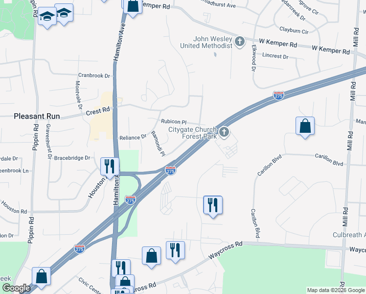 map of restaurants, bars, coffee shops, grocery stores, and more near 11474 Raphael Place in Cincinnati