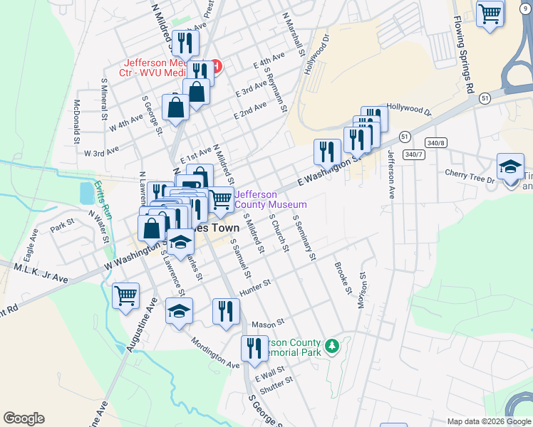 map of restaurants, bars, coffee shops, grocery stores, and more near 120 South Church Street in Charles Town