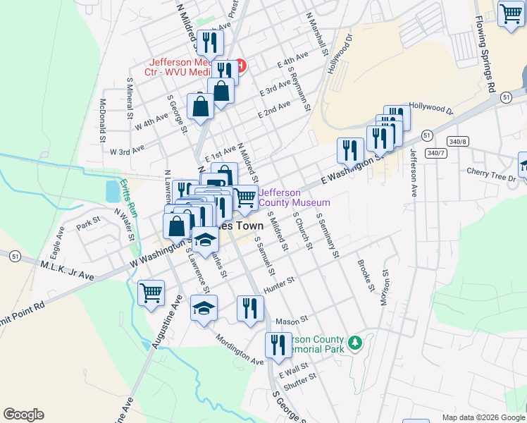 map of restaurants, bars, coffee shops, grocery stores, and more near 221 East Washington Street in Charles Town