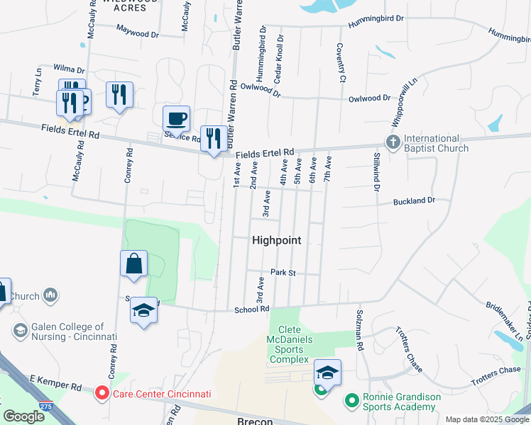 map of restaurants, bars, coffee shops, grocery stores, and more near 12090 3rd Avenue in Cincinnati