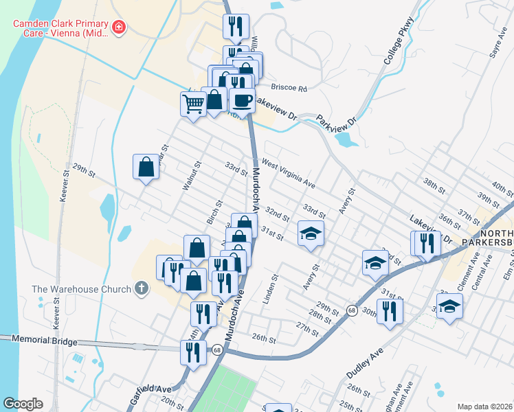 map of restaurants, bars, coffee shops, grocery stores, and more near 3159 Murdoch Ave in Parkersburg