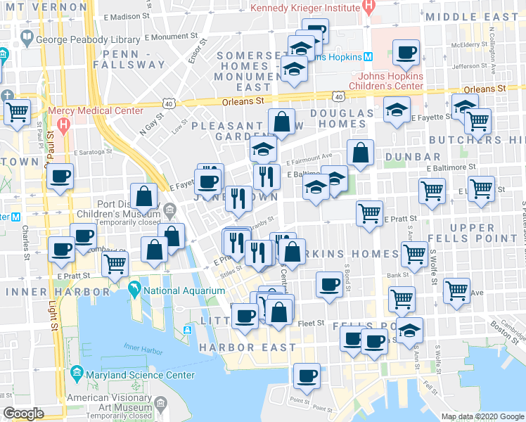 map of restaurants, bars, coffee shops, grocery stores, and more near 1141 East Lombard Street in Baltimore