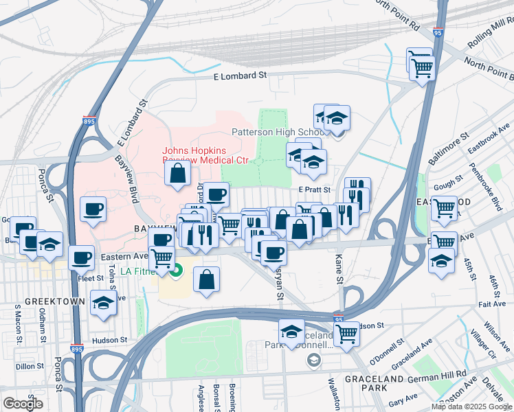 map of restaurants, bars, coffee shops, grocery stores, and more near 338 Folcroft Street in Baltimore