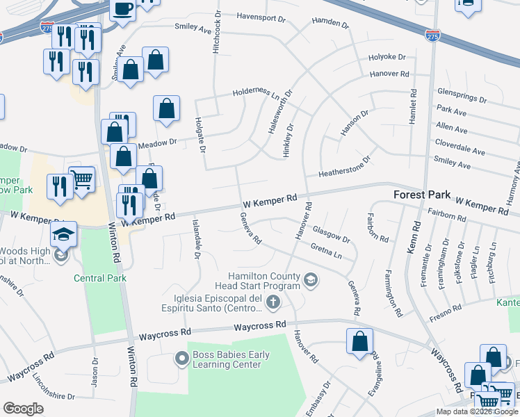 map of restaurants, bars, coffee shops, grocery stores, and more near 983 West Kemper Road in Cincinnati