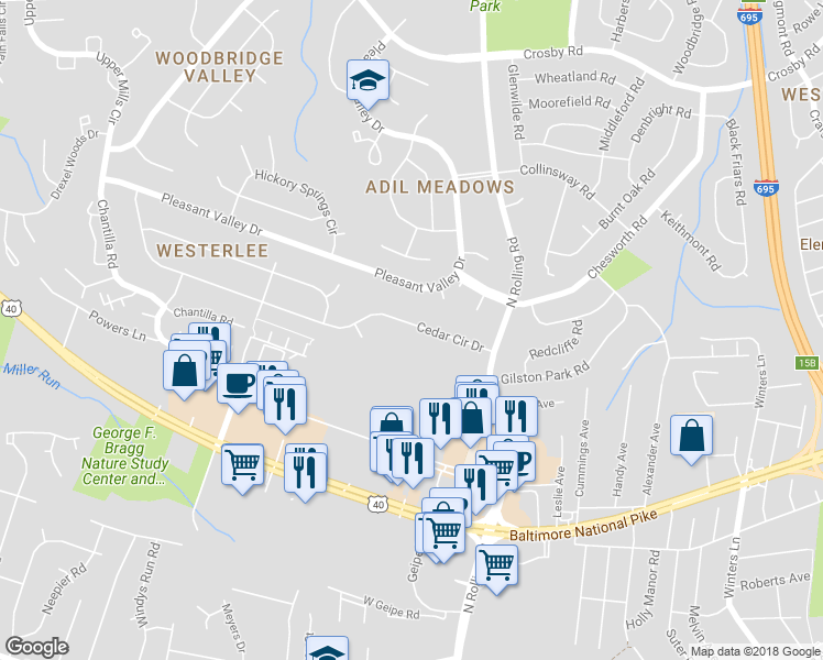 map of restaurants, bars, coffee shops, grocery stores, and more near 2005 Cedar Circle Drive in Catonsville