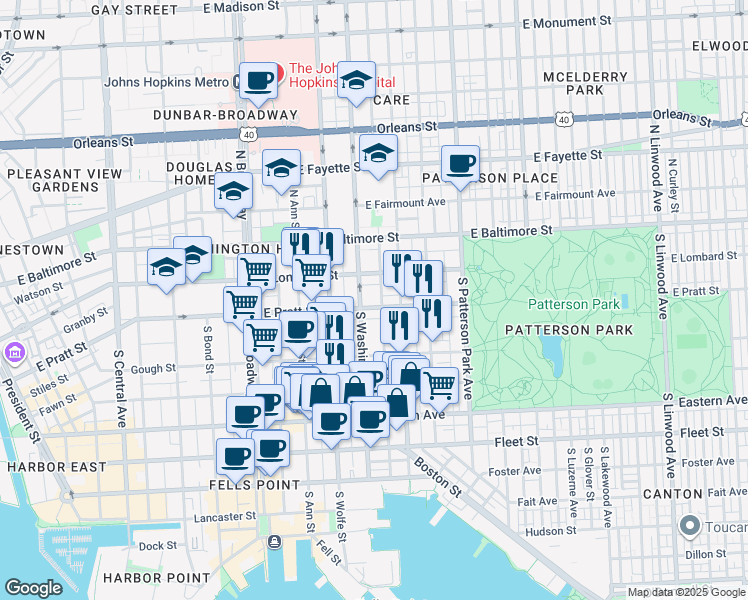 map of restaurants, bars, coffee shops, grocery stores, and more near 2012 East Pratt Street in Baltimore