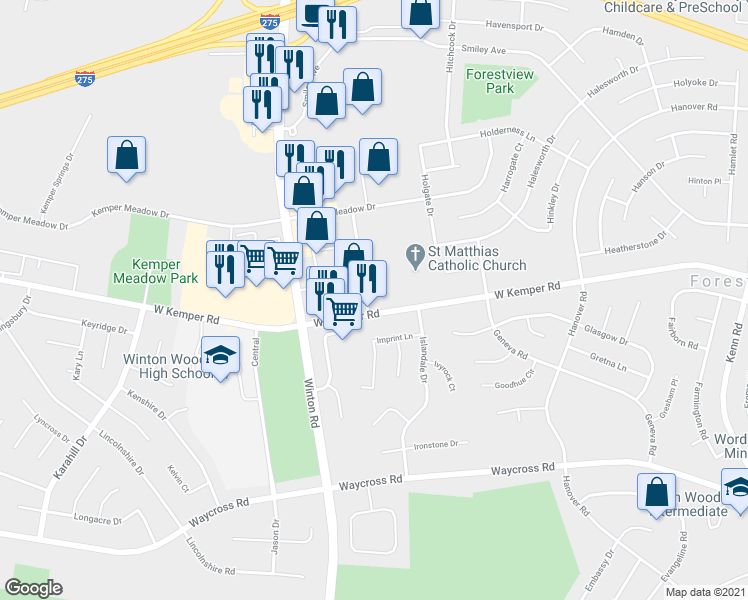 map of restaurants, bars, coffee shops, grocery stores, and more near 1095 Parkridge Court in Cincinnati