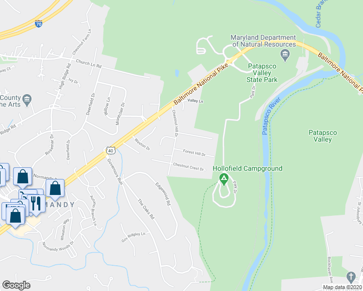 map of restaurants, bars, coffee shops, grocery stores, and more near 8122 Forest Hill Drive in Ellicott City