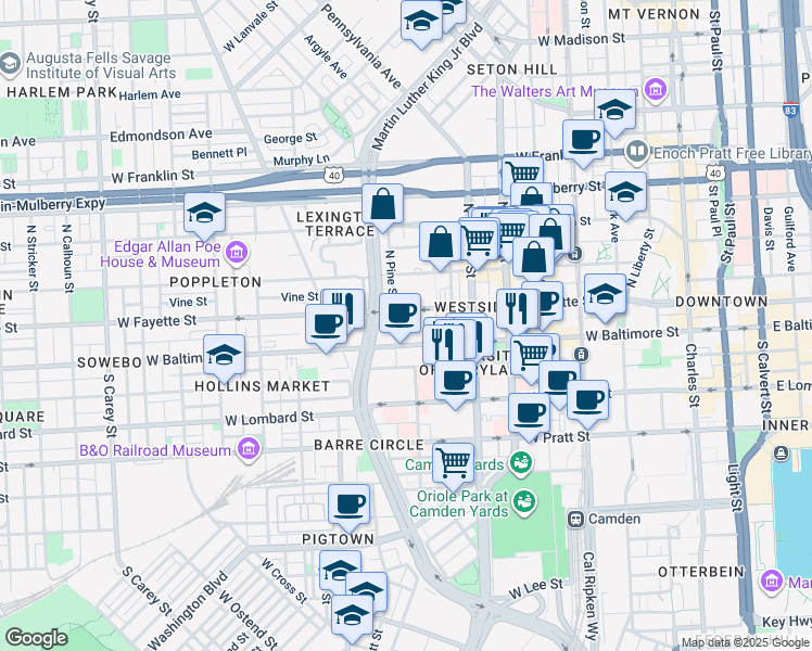 map of restaurants, bars, coffee shops, grocery stores, and more near 670 West Baltimore Street in Baltimore