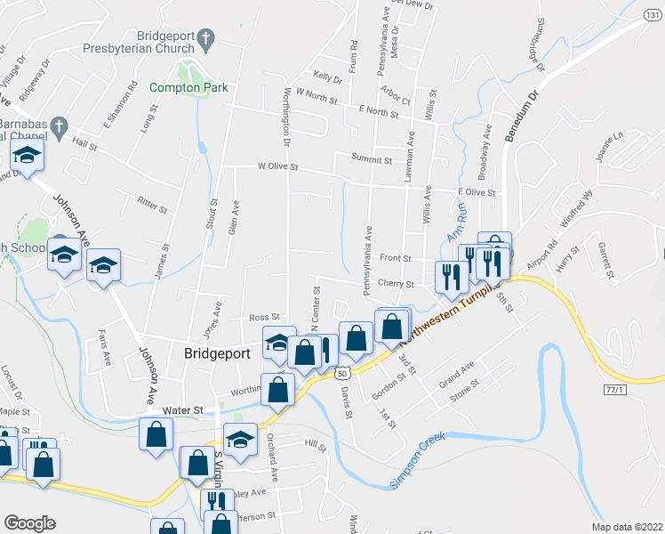 map of restaurants, bars, coffee shops, grocery stores, and more near 512 Worthington Drive in Bridgeport