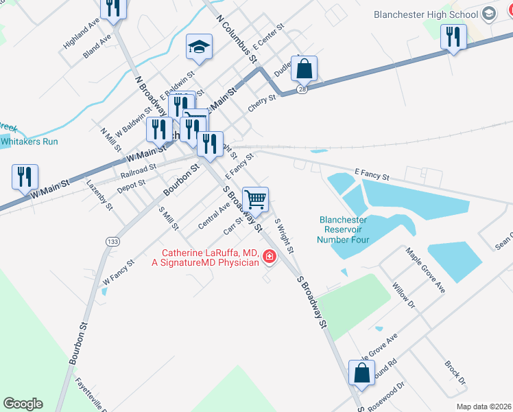 map of restaurants, bars, coffee shops, grocery stores, and more near 239 Old S Broadway Street in Blanchester