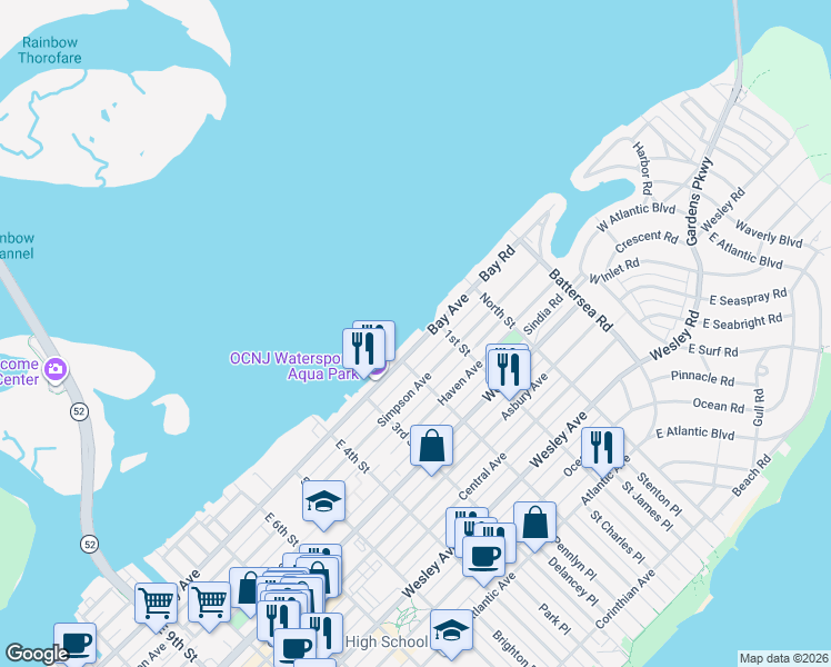 map of restaurants, bars, coffee shops, grocery stores, and more near 200 Bay Avenue in Ocean City