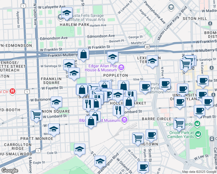 map of restaurants, bars, coffee shops, grocery stores, and more near 1043 West Fayette Street in Baltimore