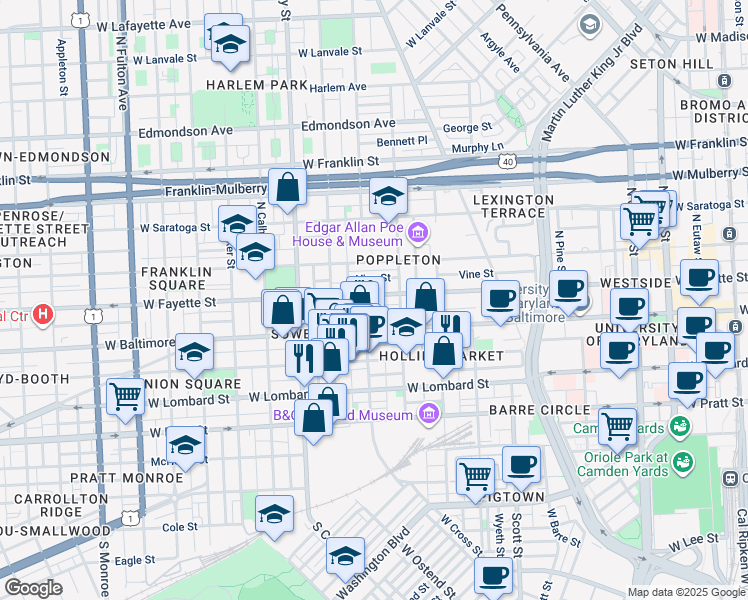 map of restaurants, bars, coffee shops, grocery stores, and more near 1043 West Fayette Street in Baltimore