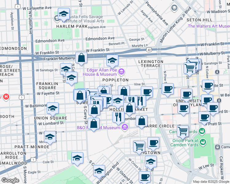 map of restaurants, bars, coffee shops, grocery stores, and more near 1001 West Fayette Street in Baltimore