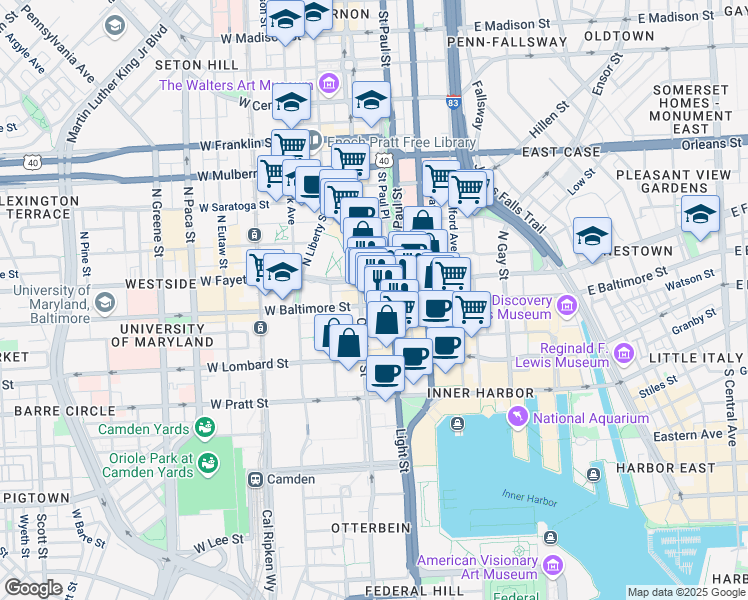 map of restaurants, bars, coffee shops, grocery stores, and more near 10 East Baltimore Street in Baltimore