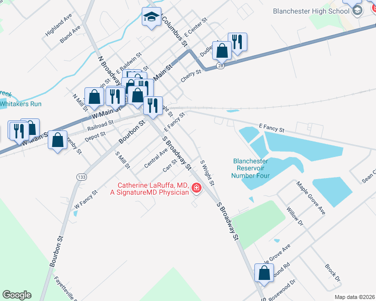 map of restaurants, bars, coffee shops, grocery stores, and more near 239 Old S Broadway Street in Blanchester