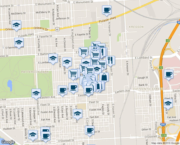 map of restaurants, bars, coffee shops, grocery stores, and more near 3706 Claremont Avenue in Baltimore