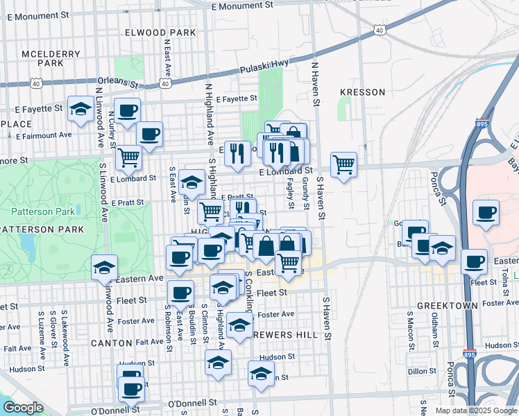 map of restaurants, bars, coffee shops, grocery stores, and more near 3706 Claremont Avenue in Baltimore