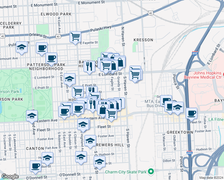 map of restaurants, bars, coffee shops, grocery stores, and more near 3812 Claremont Avenue in Baltimore