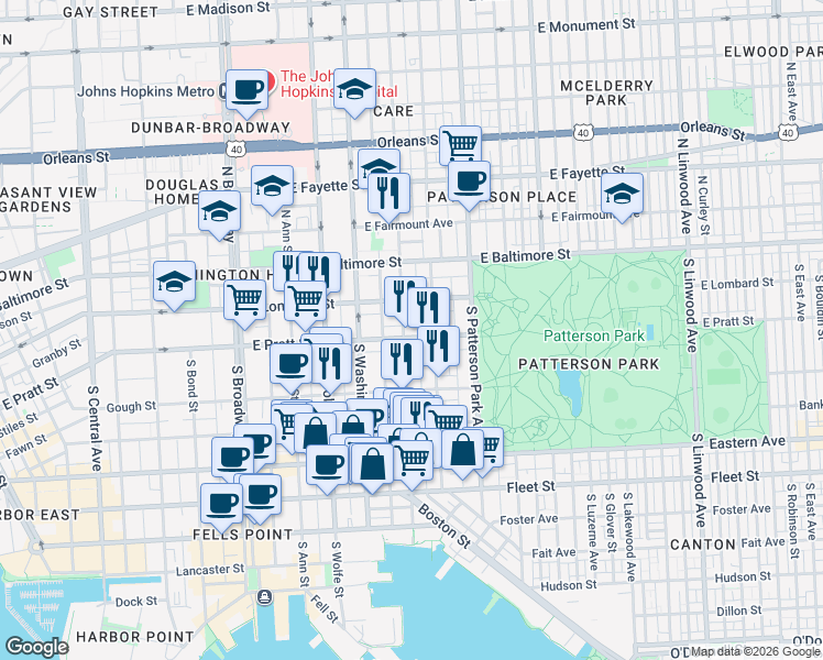 map of restaurants, bars, coffee shops, grocery stores, and more near 2104 East Pratt Street in Baltimore