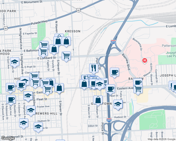 map of restaurants, bars, coffee shops, grocery stores, and more near 215 South Macon Street in Baltimore