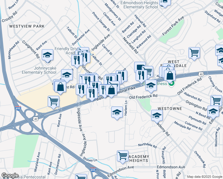 map of restaurants, bars, coffee shops, grocery stores, and more near 5602 Baltimore National Pike in Baltimore