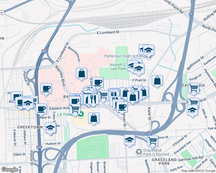 map of restaurants, bars, coffee shops, grocery stores, and more near 332 Elrino Street in Baltimore