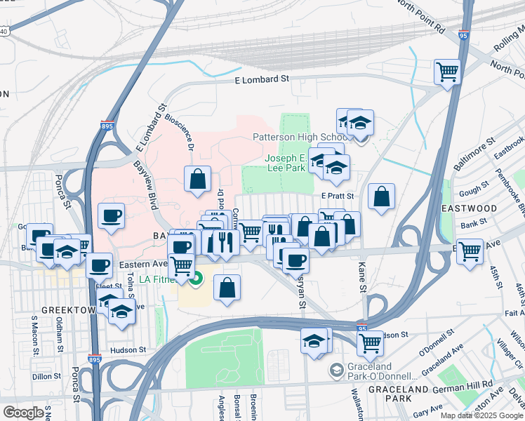 map of restaurants, bars, coffee shops, grocery stores, and more near 332 Elrino Street in Baltimore