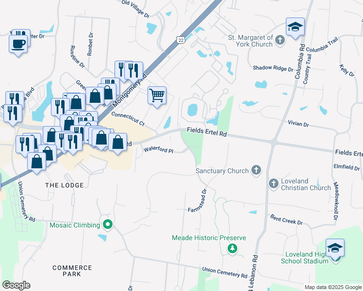 map of restaurants, bars, coffee shops, grocery stores, and more near 9674 Waterford Place in Loveland