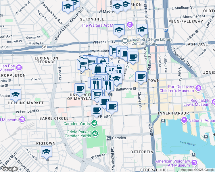 map of restaurants, bars, coffee shops, grocery stores, and more near 8 North Howard Street in Baltimore