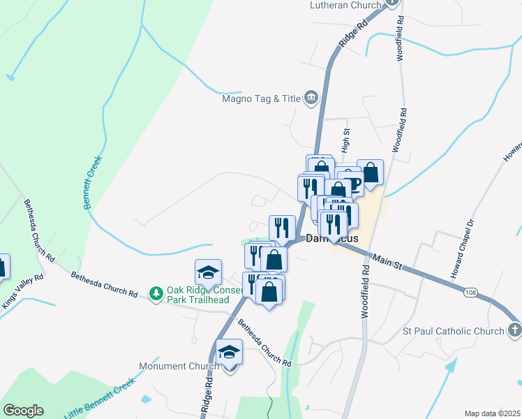 map of restaurants, bars, coffee shops, grocery stores, and more near 26422 Sir Jamie Terrace in Damascus