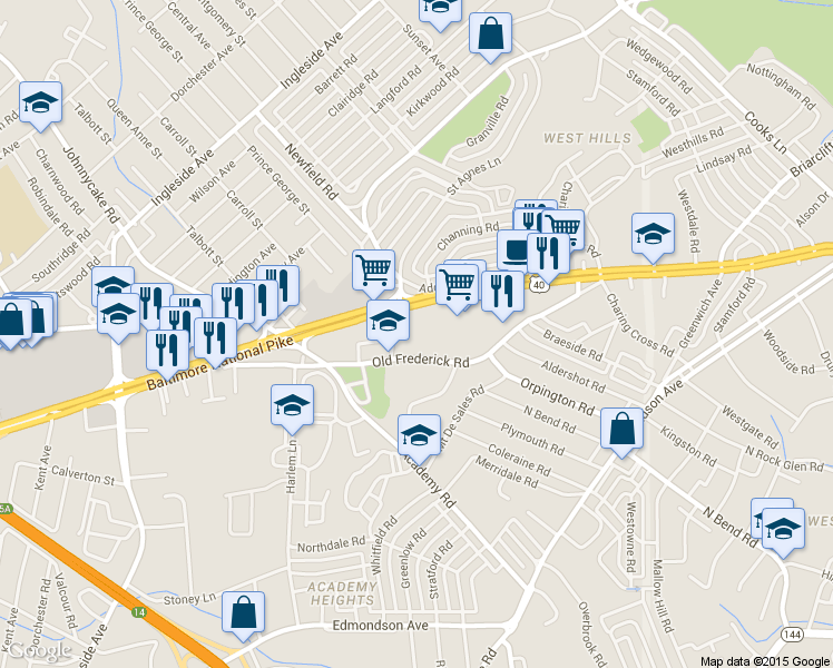 map of restaurants, bars, coffee shops, grocery stores, and more near 5442 Old Frederick Road in Baltimore