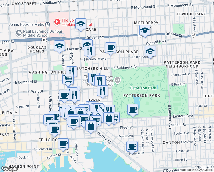 map of restaurants, bars, coffee shops, grocery stores, and more near 133 South Madeira Street in Baltimore